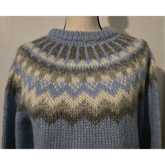 WOMENS J.CREW WOOL BLEND FAIR ISLE NORDIC SWEATER PULLOVER Blue/Ivory/Gray Large - Picture 2 of 9
